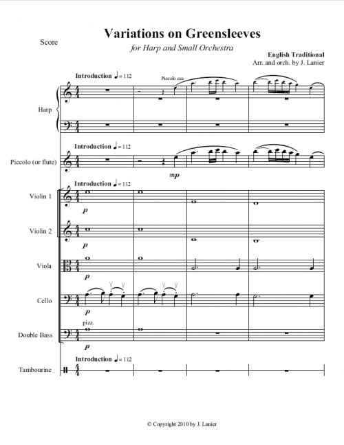 Greensleeves Variations for Harp and Small Orchestra Lanier